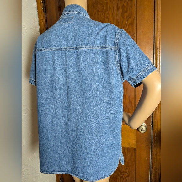 Puppy & Floral Embroidered Short Sleeve Jean Button Up Shirt Large - Picture 6 of 11